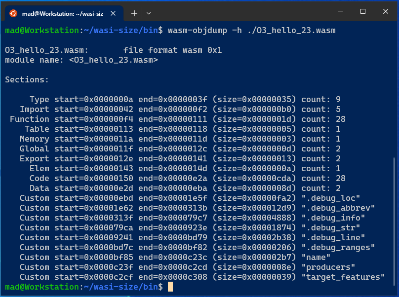 A comparison of sections between wasm modules