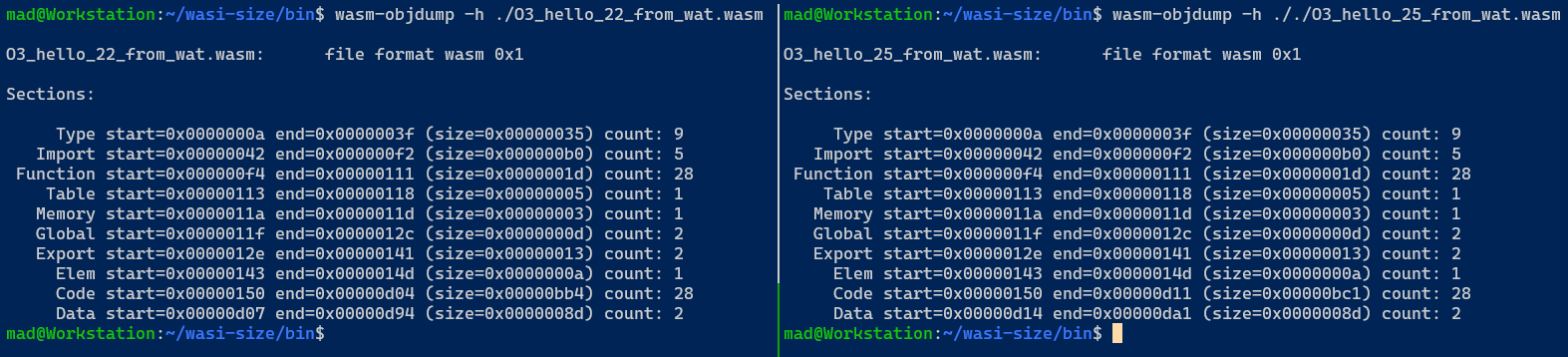 A comparison of sections between wasm modules